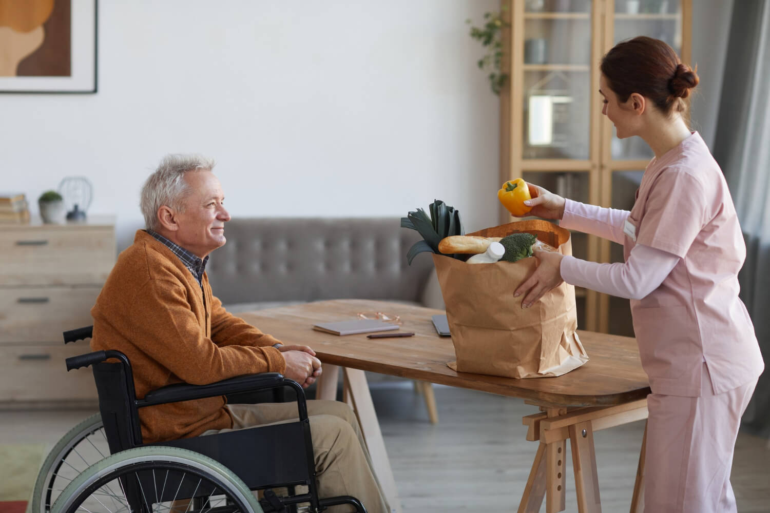 Aide ménagère apporte les courses à une personne âgée